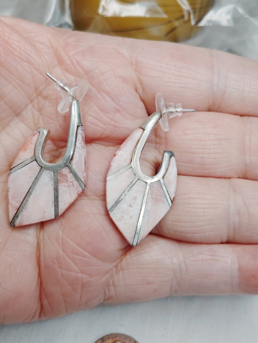 Sterling Silver Pink Stone Inlay Earrings – Geometric Artisan 1.5" Drop - Picture 4 of 7